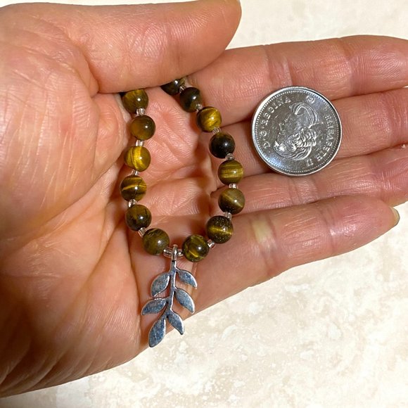 Tigers Eye Stone Silver Leaf Branch Necklace, Genuine Gemstone Beaded Necklace - Picture 10 of 10